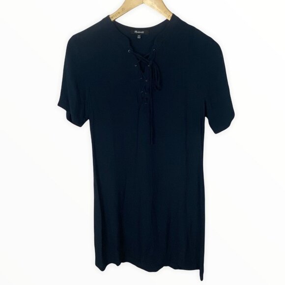 Madewell Blue Novella Lace-Up Mini Dress 70s Inspired Size XXS Navy Viscose - Picture 4 of 13
